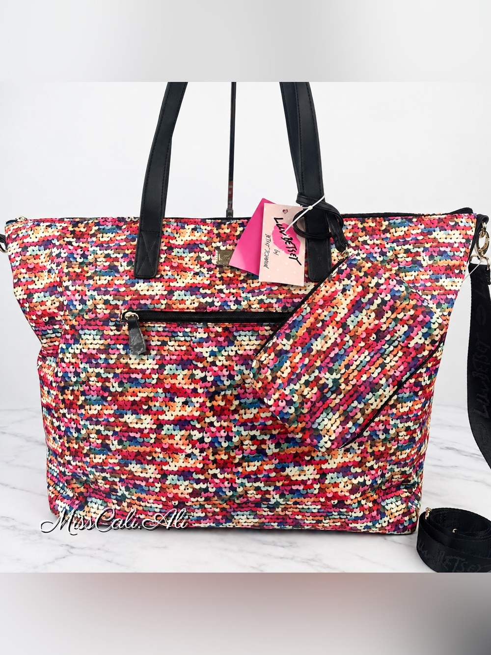 NWT BETSEY JOHNSON Colorful Sequin Overnighter Weekender Travel Bag + Pouch